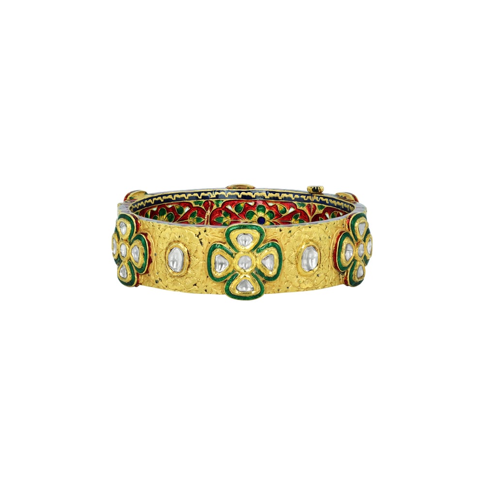 Polki Diamond Bangle with Floral Motifs and Meenakari Enamel